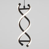 A modern pendant light fixture shaped like a double helix, with black outer bars and glowing white inner strips, hanging from the ceiling against a plain light gray background.
