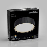 A black box featuring an image of the Artika Groove+ flush mount LED ceiling light, with product details such as 50,000-hour lifespan, 1600 lumens, and a 5-year warranty displayed on the packaging.