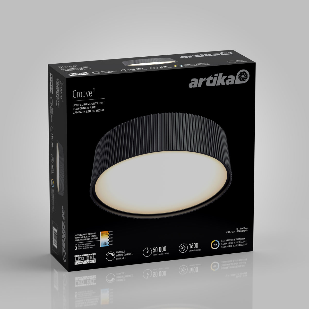 A black box displays the Artika Groove 13 in. LED modern flush mount light 5 CCT, featuring an image of the round ceiling fixture on the front, with product features and specs printed in white text.