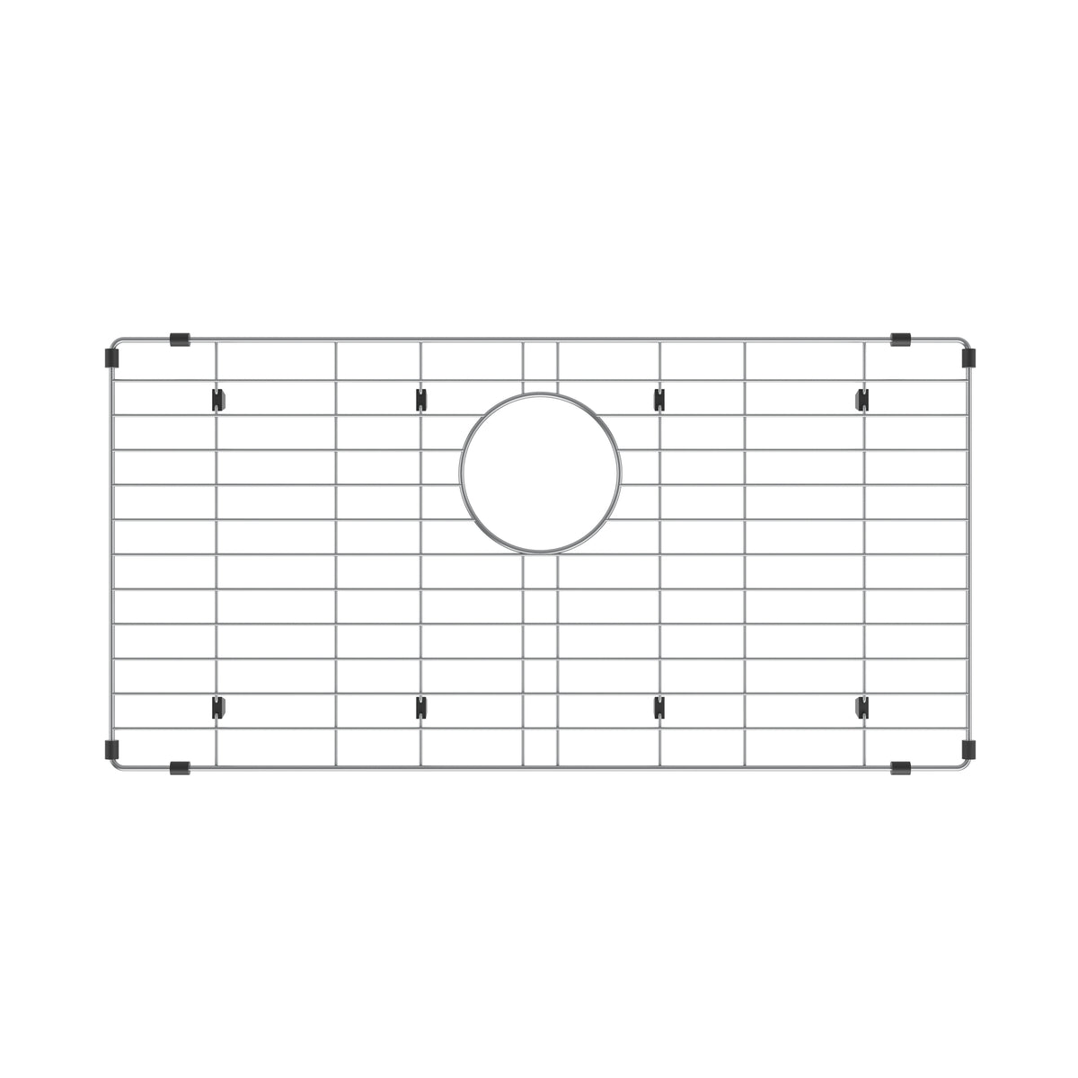 Rectangular stainless steel sink grid with a centered circular cutout and rubber feet at the corners, designed to protect the sink surface.