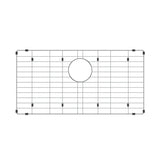 Rectangular stainless steel sink grid with a centered circular cutout and rubber feet at the corners, designed to protect the sink surface.