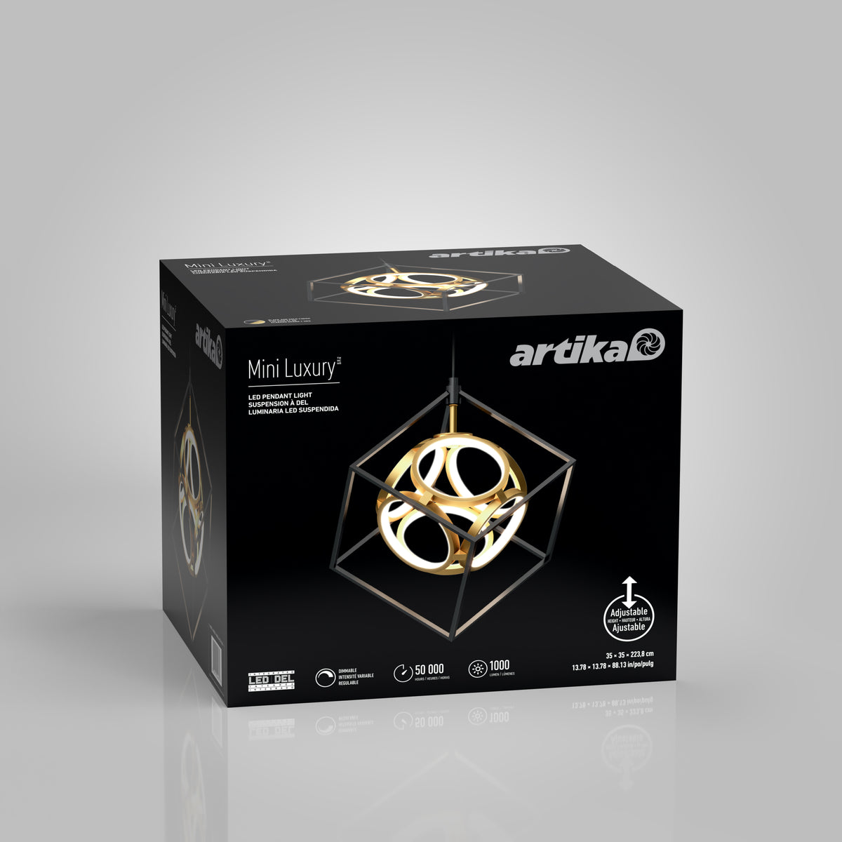 A black box with artika branding displays a modern LED pendant light called Mini Luxury, featuring an intricate gold and black geometric design. The box highlights specs like 50,000 hours, 1000 lumens, and adjustable height.