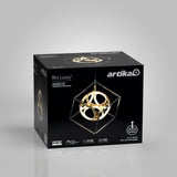 A black box with artika branding displays a modern LED pendant light called Mini Luxury, featuring an intricate gold and black geometric design. The box highlights specs like 50,000 hours, 1000 lumens, and adjustable height.