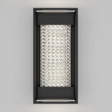 Rectangular wall sconce with a black frame and a center panel filled with rows of sparkling, crystal-like elements, mounted on a light gray wall. The fixture emits a soft, elegant glow.