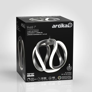 A black Artika box for the Vivaldi LED pendant light 3 CCT, showing an image of the modern ribbon-style fixture with lifespan, brightness, and dimensions detailed on the front.