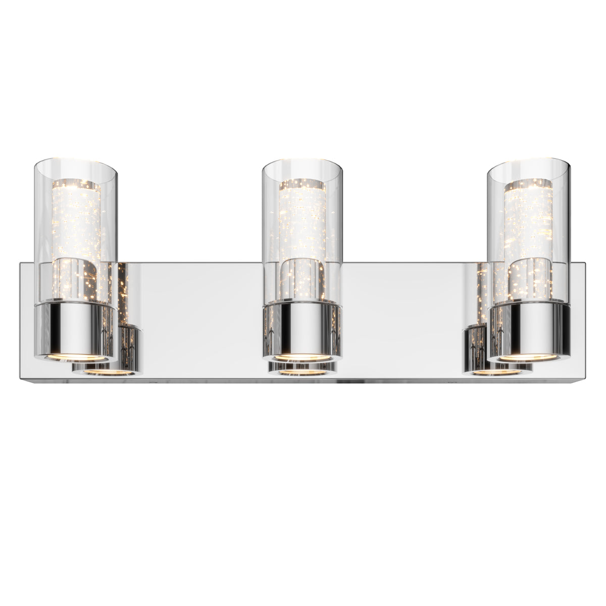 A modern three-light vanity fixture with a rectangular chrome base and three cylindrical glass shades, each containing an inner textured diffuser.