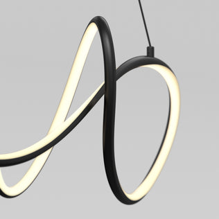 The Artika Siena modern LED pendant light 5 CCT features a black, twisting looped frame with a glowing white LED strip, suspended by a black cord against a light gray background.