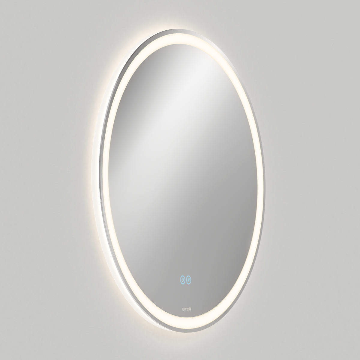 A round wall-mounted mirror with an illuminated LED light ring around its edge, set against a plain light gray background. Two small blue touch buttons are visible at the bottom center of the mirror.