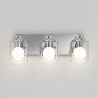Aryna 20 in. (51 cm) 3-Light LED Wall Vanity 3000K with glass globes, glowing LED bulbs, and a rectangular chrome backplate.