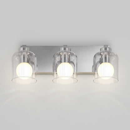 Aryna 20 in. (51 cm) 3-Light LED Wall Vanity 3000K with glass globes, glowing LED bulbs, and a rectangular chrome backplate.