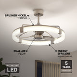 Modern ceiling fan with a round LED light, brushed nickel finish, highlighting features like dual air flow, energy efficiency, and a 5-year warranty. Integrated LED and No bulbs required are also shown.