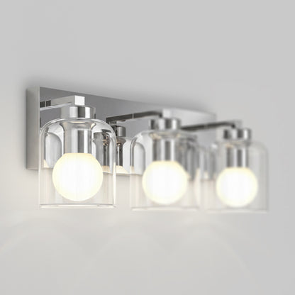 Artika Aryna 20 in. (51 cm) 3-Light LED Wall Vanity 3000K with three frosted glass shades and glowing bulbs on a chrome rectangular base.