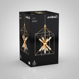 A black box packaging for an Artika Clyde pendant light fixture, featuring a gold geometric frame with exposed bulbs. The box displays product images, name, and logo on a grey gradient background.