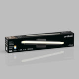 A black box with a photo of a modern, wall-mounted LED vanity light by Artika. The box displays product details, features, and certifications on a gray background.