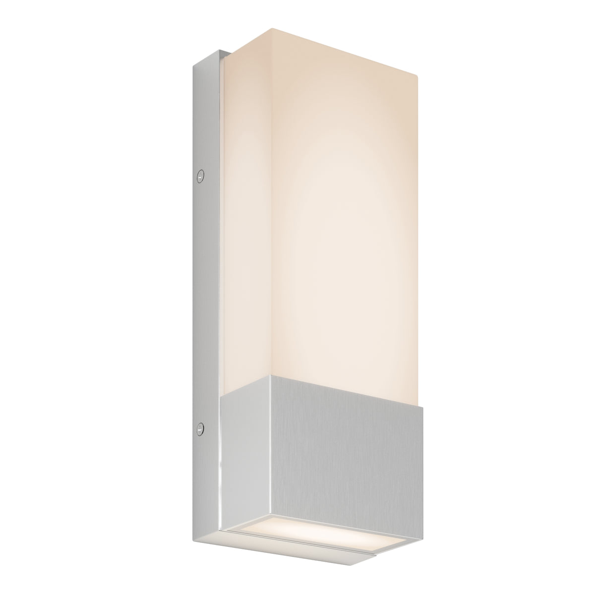 A modern rectangular wall sconce with a brushed silver base and a frosted white glass shade, mounted vertically against a plain background.