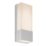 A modern rectangular wall sconce with a brushed silver base and a frosted white glass shade, mounted vertically against a plain background.