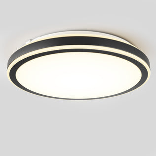 The Artika Altitude 15 in. LED modern flush mount light features a black outer ring, bright white frosted center, and is mounted on a light gray ceiling. Offers 5 CCT options for customizable lighting.