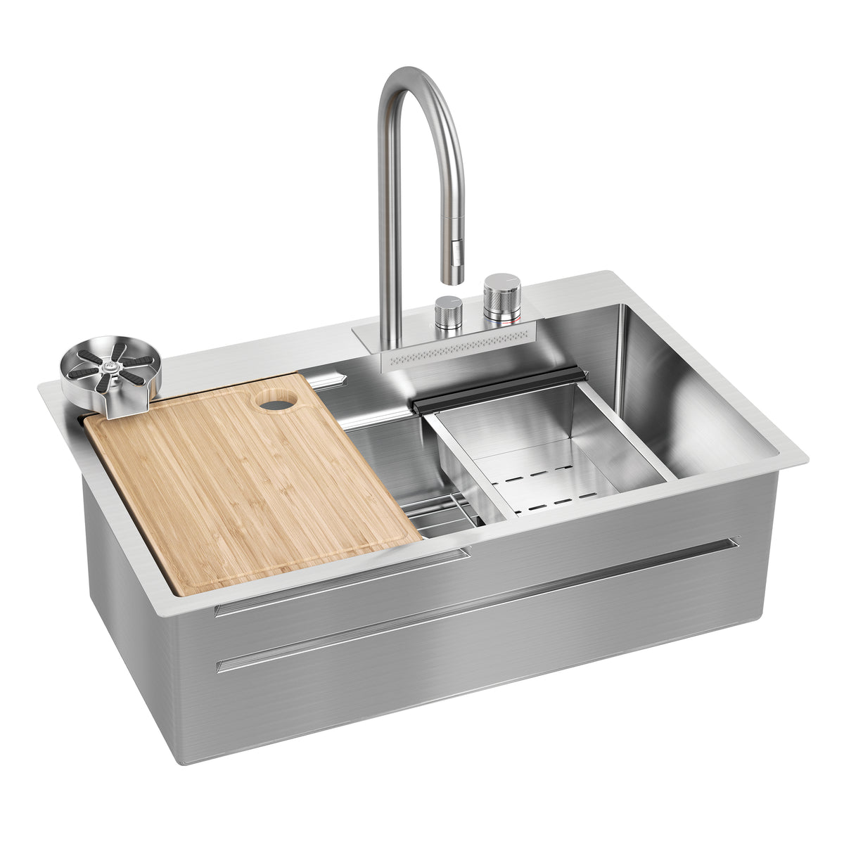 The Artika Neoflow 31 in. single bowl stainless steel workstation sink features a modern, angular design with a tall pull-down faucet, built-in soap dispenser, bamboo cutting board, metal strainer, and detachable drain basket.