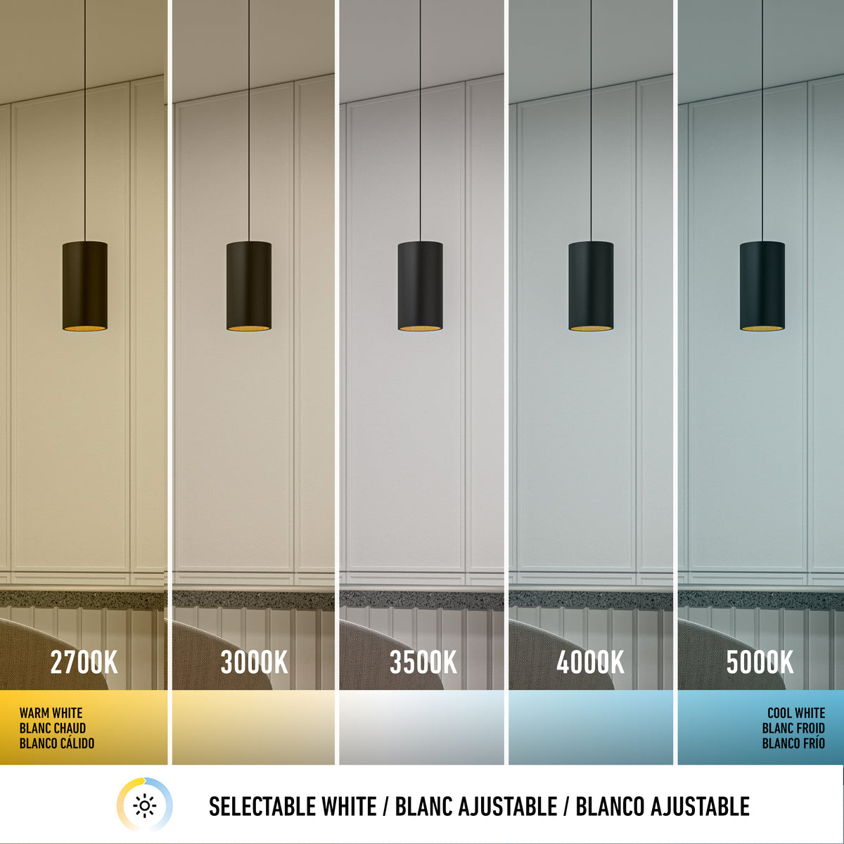 A pendant light hangs over a counter, shown under five different white light temperatures: 2700K warm white, 3000K, 3500K, 4000K, and 5000K cool white, illustrating selectable white lighting options.