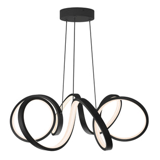 The Artika Swirl Ribbon LED pendant light features three intertwined black LED loops suspended from a round ceiling mount, emitting a soft white glow for a modern, sculptural look.