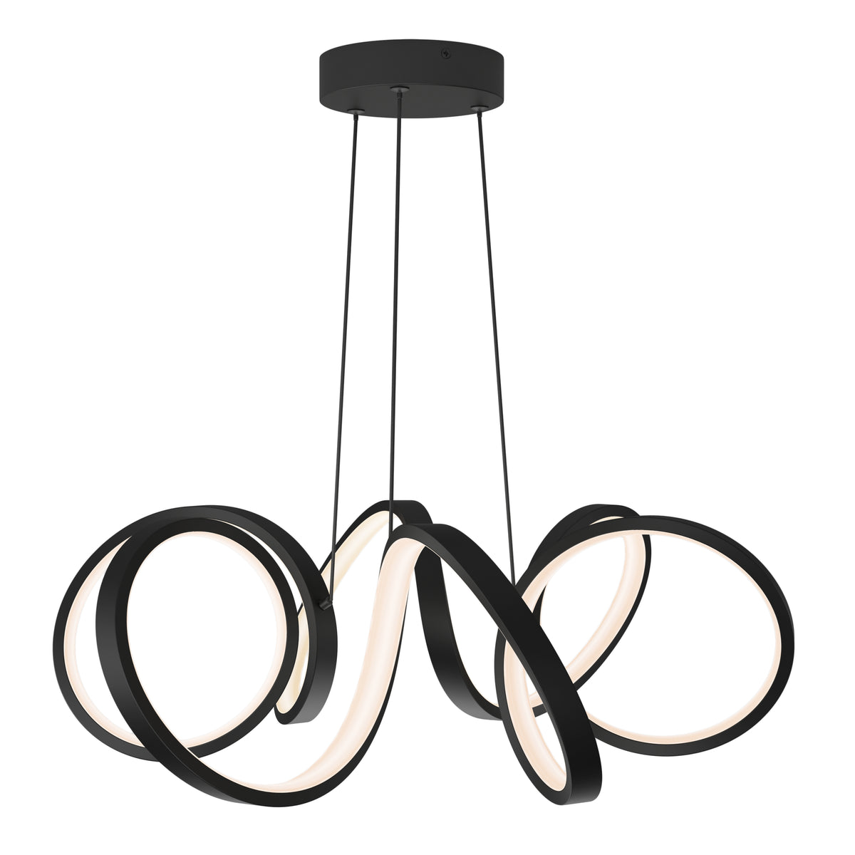 A modern black pendant light fixture with three curving LED loops suspended by four thin black cables from a round ceiling mount. The design has a sculptural, abstract appearance.