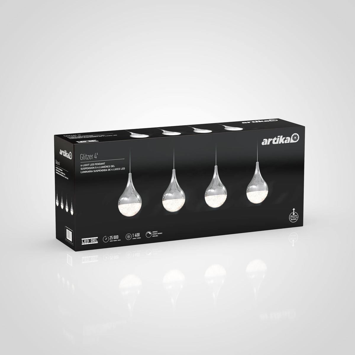 A black box of Artika Glitzer 4-light pendant ceiling fixture, featuring an image of four teardrop-shaped pendant lights with sparkling interiors on the front of the packaging, shown against a light gray background.