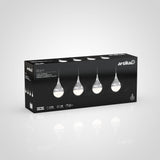 A black box of Artika Glitzer 4-light pendant ceiling fixture, featuring an image of four teardrop-shaped pendant lights with sparkling interiors on the front of the packaging, shown against a light gray background.