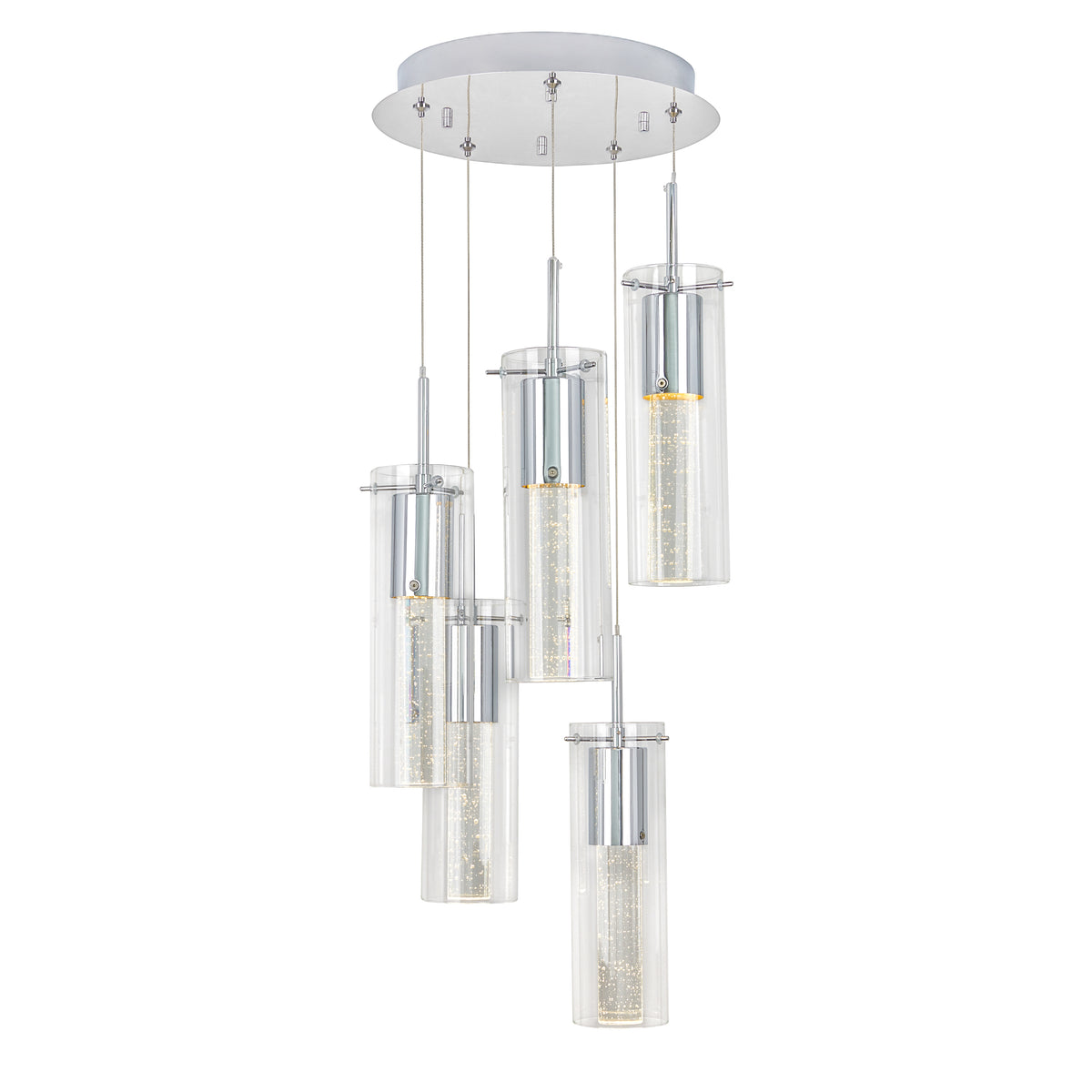 The Essence 5-light LED pendant by Artika features five cylindrical glass shades at varying heights on a round chrome plate, each with a textured inner section for a modern and elegant look.
