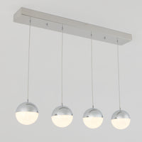 The Artika Sparkle 4-light LED pendant features four spherical, chrome-finished lights with frosted lower halves, arranged in a row on a rectangular metal base for a modern ceiling fixture.