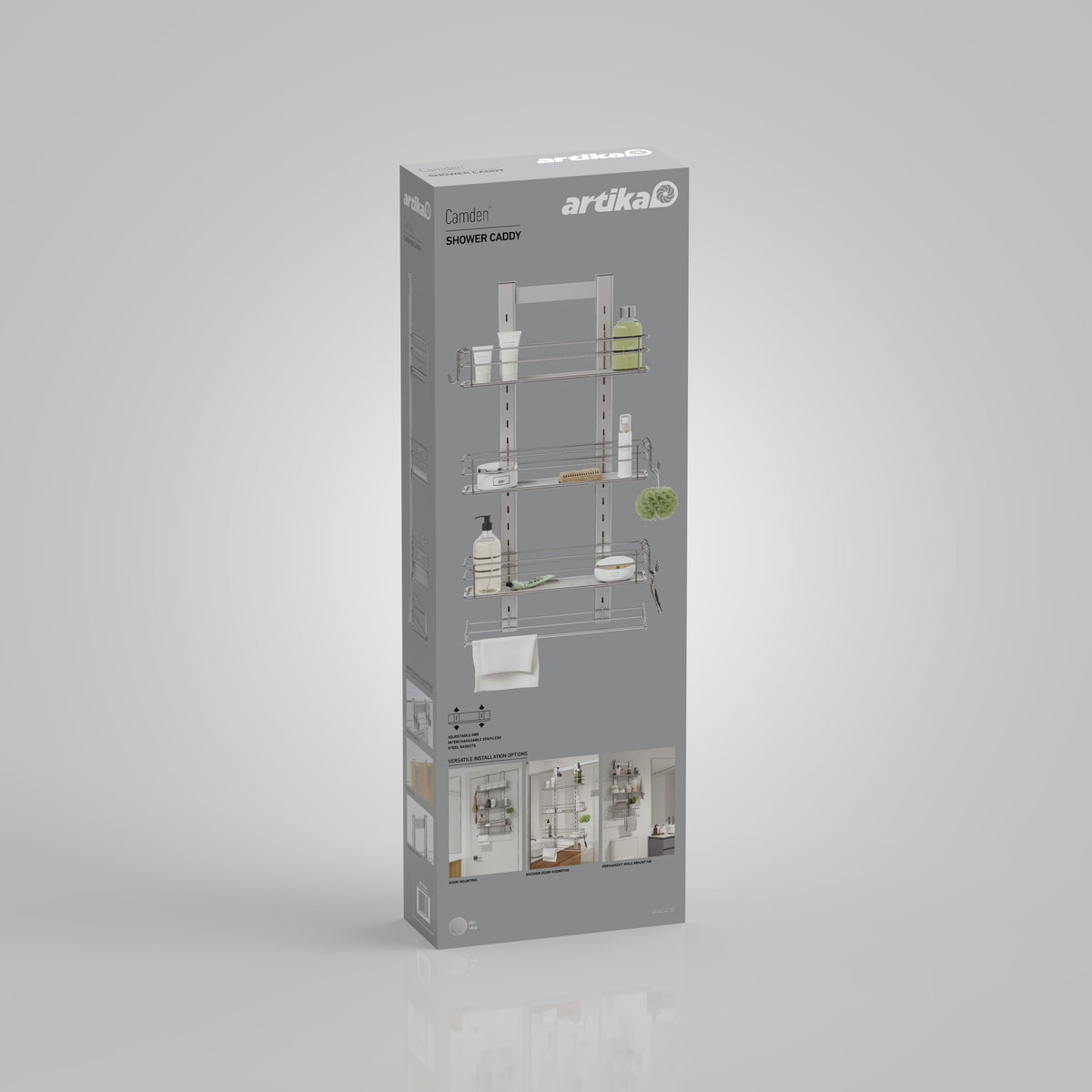 A gray box shows the Artika Camden Shower Caddy with images of the metal organizer storing bottles, soap, and a sponge, plus installation and usage photos at the bottom.