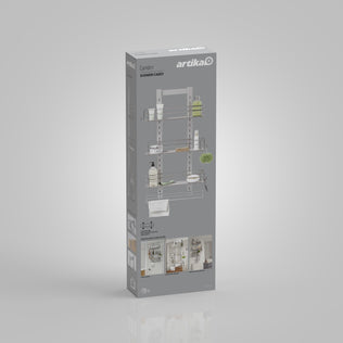 A gray box shows the Artika Camden Shower Caddy with images of the metal organizer storing bottles, soap, and a sponge, plus installation and usage photos at the bottom.