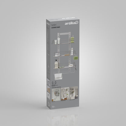 A gray box shows the Artika Camden Shower Caddy with images of the metal organizer storing bottles, soap, and a sponge, plus installation and usage photos at the bottom.