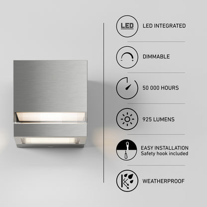 A square, brushed metal Artika Valor Square LED indoor-outdoor wall light with two light slots, featuring dimmable, 50,000-hour, weatherproof design.