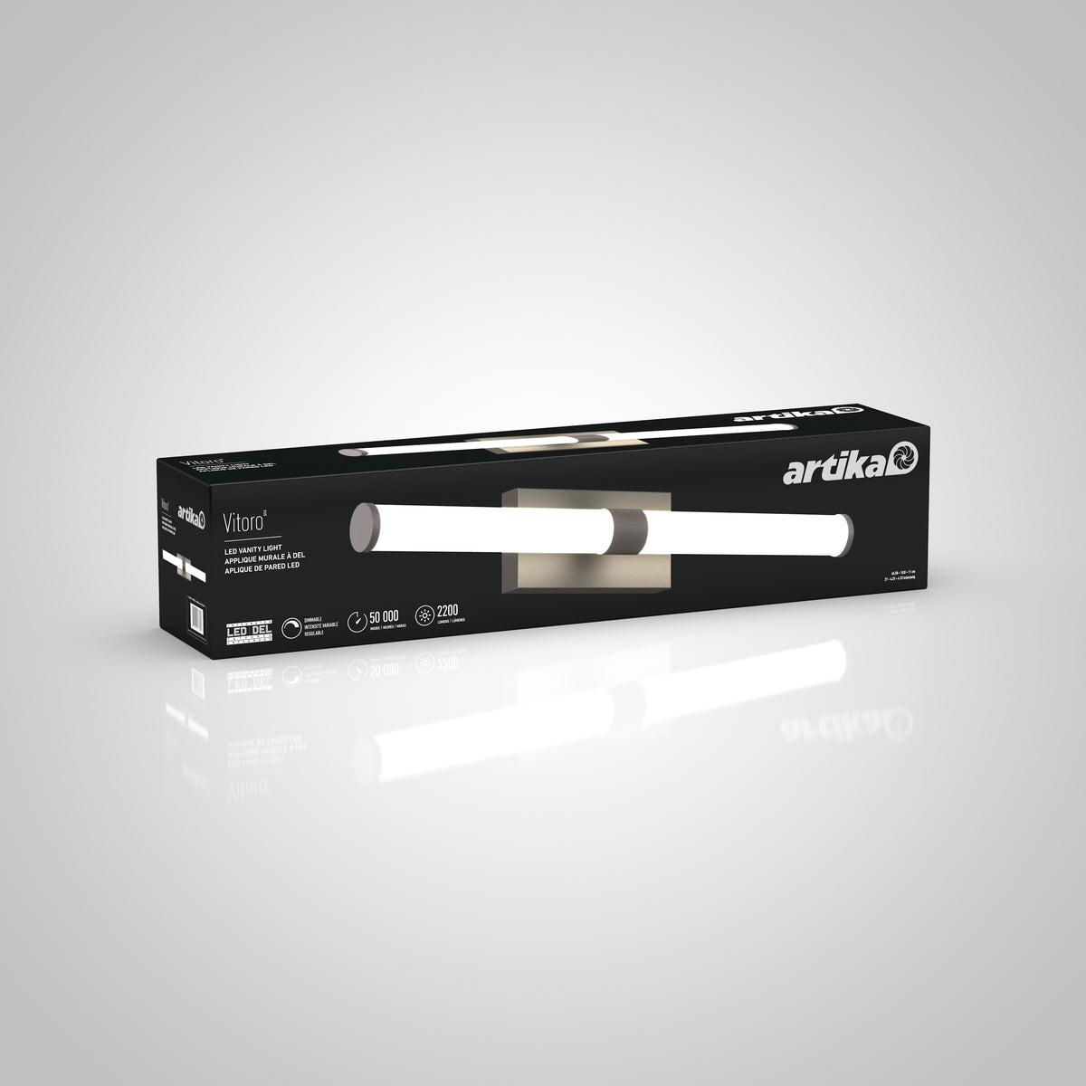 A rectangular black Artika box displays the Vitoro modern LED bathroom vanity light, featuring its image and product details on a white-to-gray gradient background.