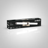A rectangular black box with Artika branding displays a modern LED vanity light fixture called Vitro. The box shows the fixtures image and features icons for brightness, energy savings, and color temperature.