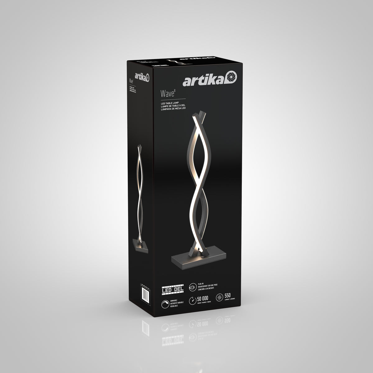 Artika Wave LED Table Lamp packaging features a black box with an image of the modern, twisting lamp on the front, highlighting key features and specifications in white text.