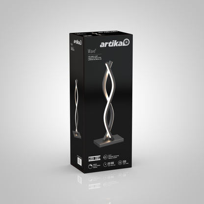 Artika Wave LED Table Lamp packaging features a black box with an image of the modern, twisting lamp on the front, highlighting key features and specifications in white text.