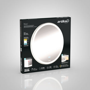Artika Mateo 28 in. LED mirror features 3 CCT settings and a defogger. Packaged in black with product details and icons for energy efficiency, adjustable color temperature, and a 50,000-hour lifespan.