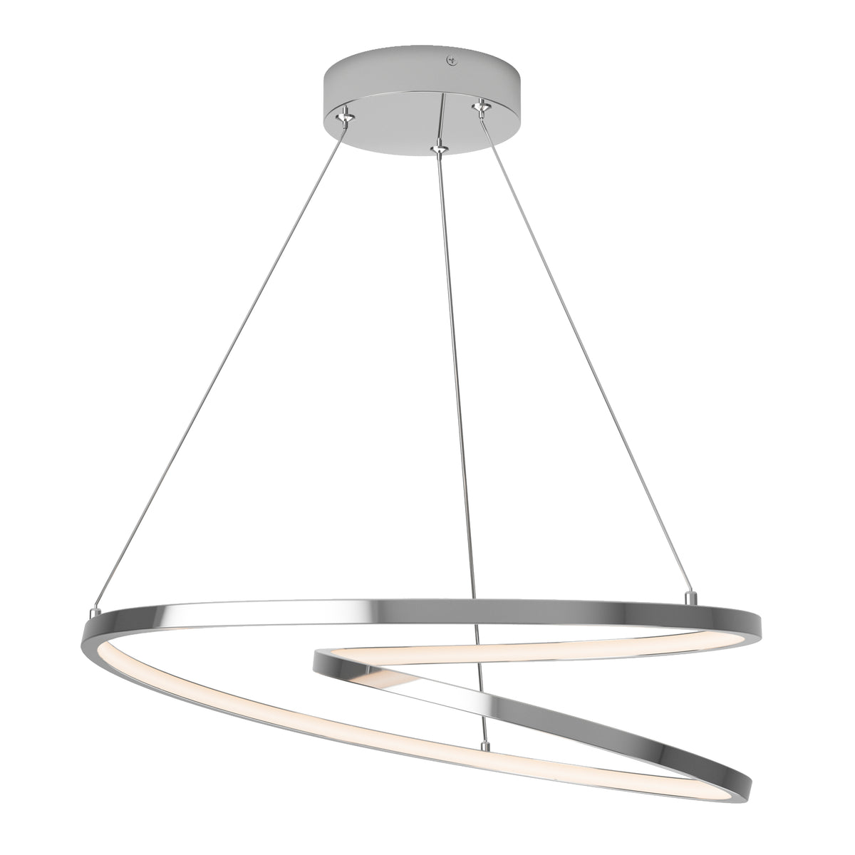 Modern LED pendant light featuring two intertwined, spiral-shaped metal rings suspended by three thin cables from a round ceiling mount. The rings have an integrated white light strip.