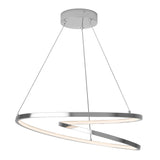 Modern LED pendant light featuring two intertwined, spiral-shaped metal rings suspended by three thin cables from a round ceiling mount. The rings have an integrated white light strip.
