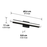 A black and white wall-mounted light fixture with dimensions labeled: 68.6 cm (27 in) wide, 11 cm (4.33 in) tall, and 8.8 cm (3.46 in) deep.
