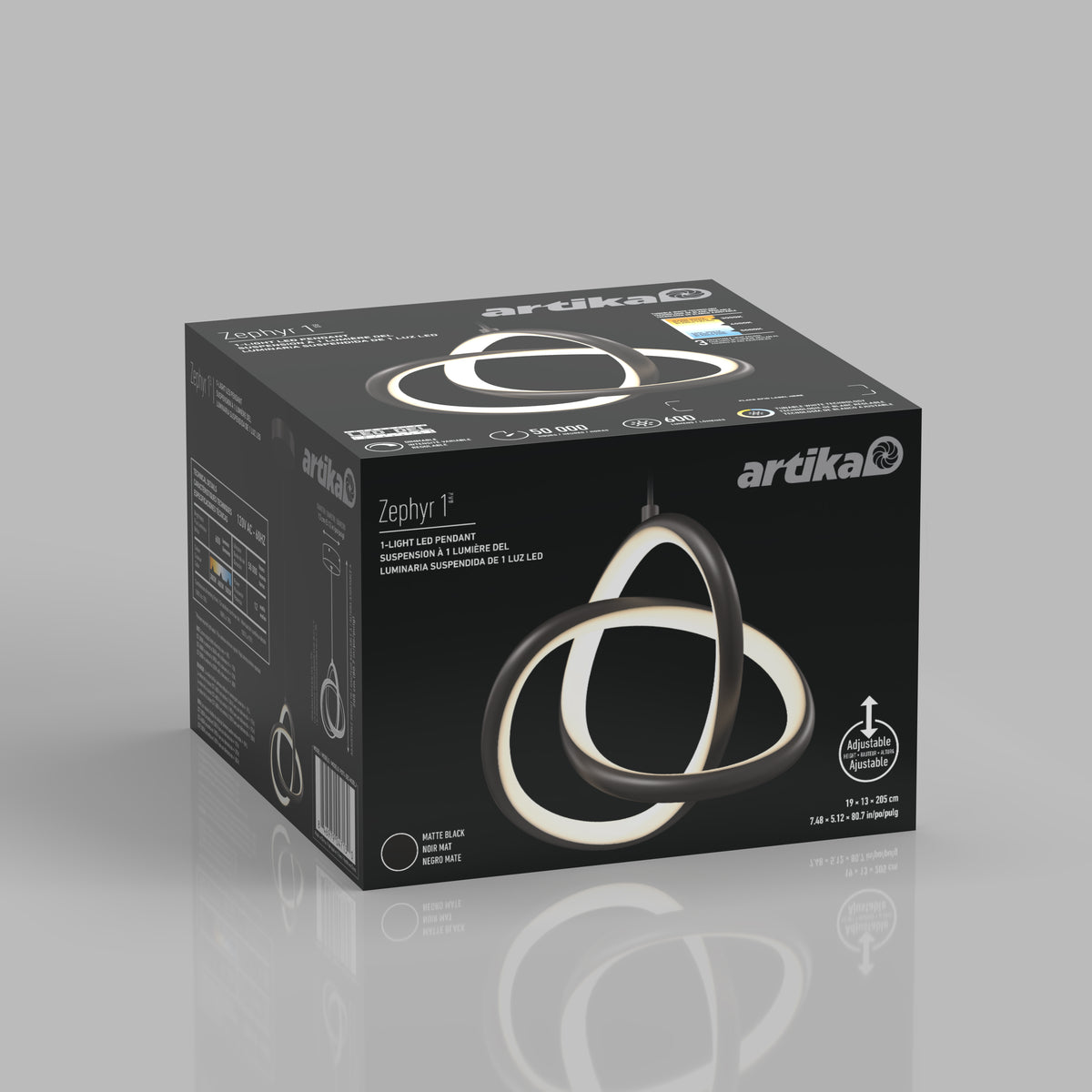 A black and white Artika Zephyr 1-light LED pendant lamp in a modern looped design is shown on the products packaging box with branding and product information on a gray background.