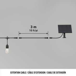 Diagram shows the Artika Eclipse Solar String Light with Remote connected by a 3-meter (10 feet) black extension cable to a light bulb on a gray background. Below, EXTENSION CABLE appears in three languages.