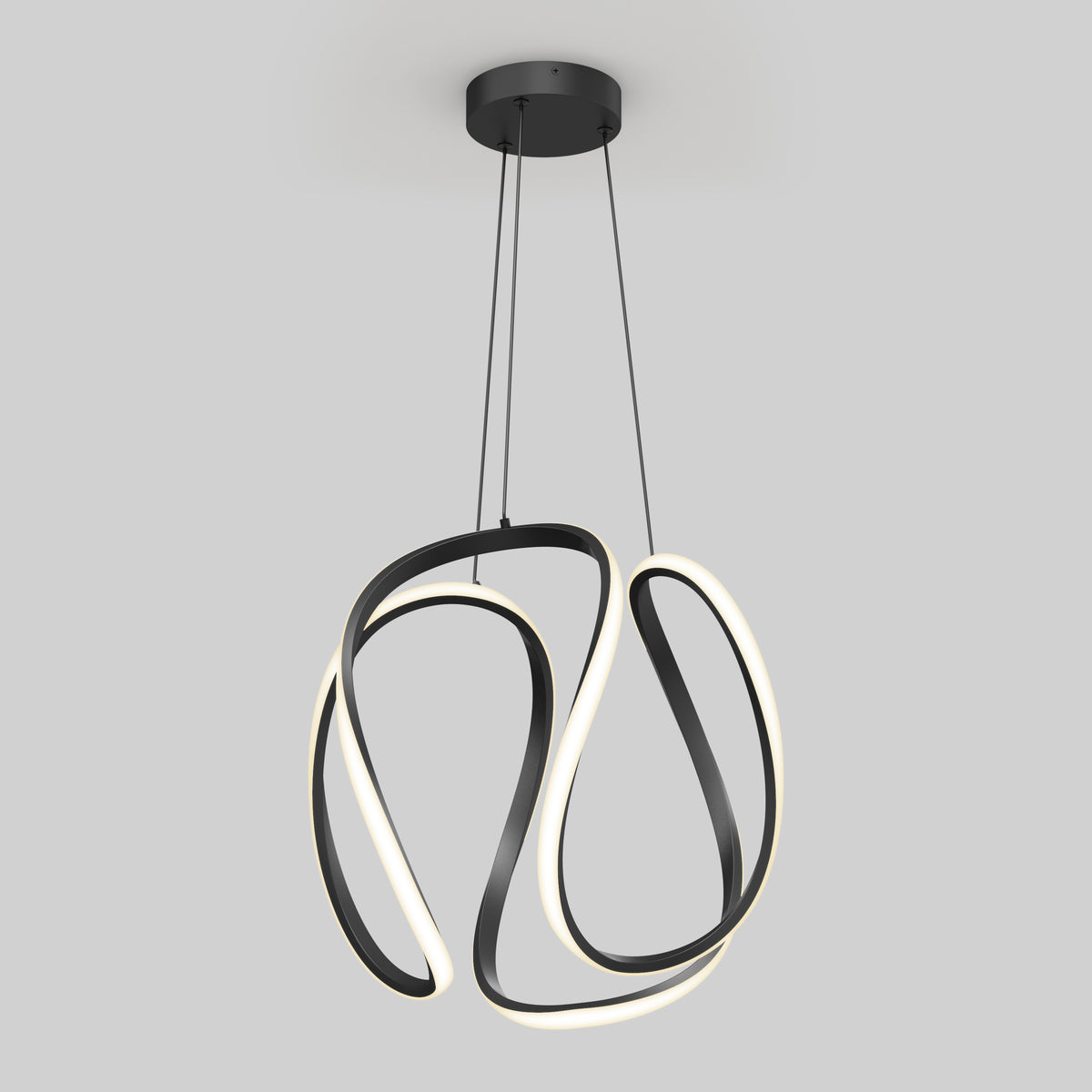 The Artika Vivaldi Big LED pendant light features a black, abstract curved frame with integrated LED strips (5 CCT), suspended by three thin wires against a plain light gray background.