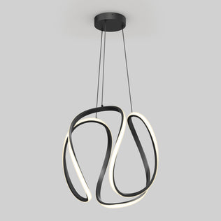 The Artika Vivaldi Big LED pendant light features a black, abstract curved frame with integrated LED strips (5 CCT), suspended by three thin wires against a plain light gray background.