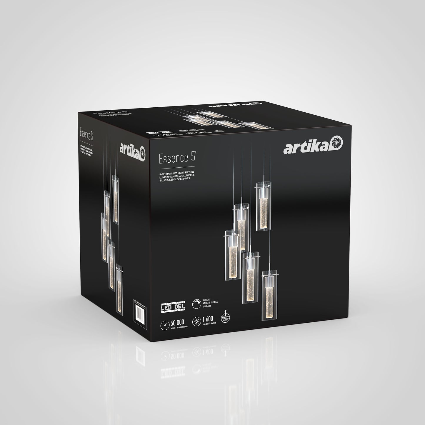 The Artika Essence 5-light LED pendant comes in black box packaging, featuring images of five pendant lights along with product details and branding in white text on the front and sides.
