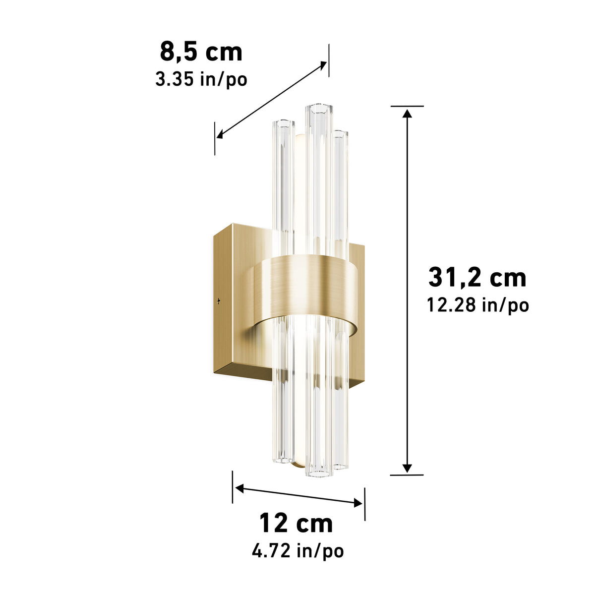 Artika Dorado contemporary LED wall sconce features a gold rectangular base, vertical glass rods, and adjustable colour temperature. Measures 31.2 cm H x 12 cm W x 8.5 cm D (12.28" x 4.72" x 3.35").