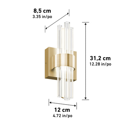The Artika Dorado LED contemporary wall sconce features vertical glass rods, a rectangular gold base, and measures 8.5 cm deep, 12 cm wide, and 31.2 cm tall.