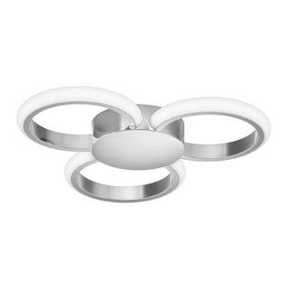 The Artika Nyala 15 in. LED flush mount light features three circular LED rings connected to a central chrome base, each with white diffusers, offering modern style and selectable color temperature.