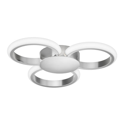 The Artika Nyala 15 in. LED flush mount light features three circular LED rings connected to a central chrome base, each with white diffusers, offering modern style and selectable color temperature.